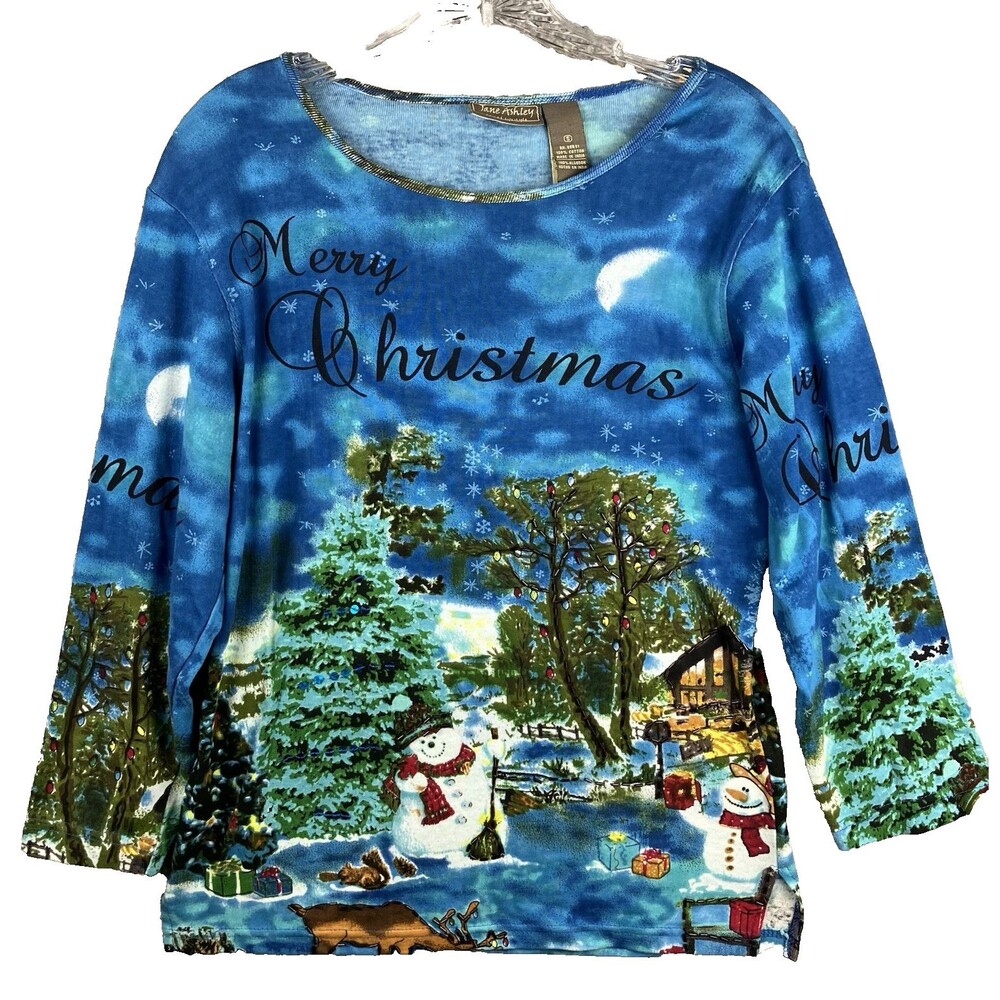 Jane Ashley Merry Christmas 3/4 Sleeve Top Women's S 100% Cotton Sequin & Beaded